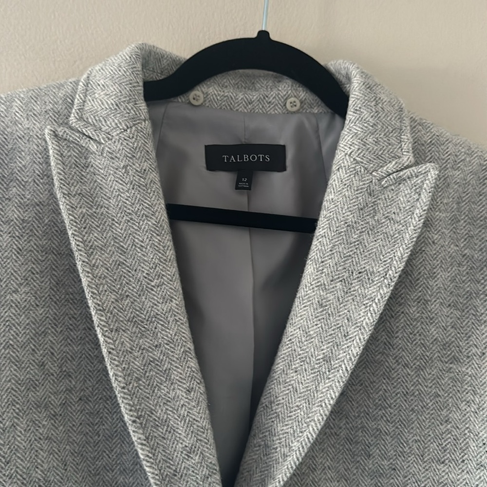 Talbots Women’s Shetland Blazer Jacket Light Gray Removable Faux Fur Trim Sz 12 - Picture 10 of 14